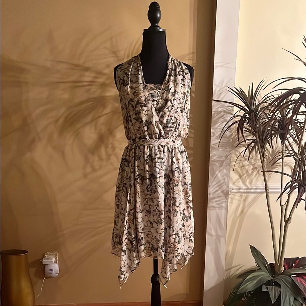 Leifsdottir Asymmetrical Floral Dress in Cream, apricot and dark green